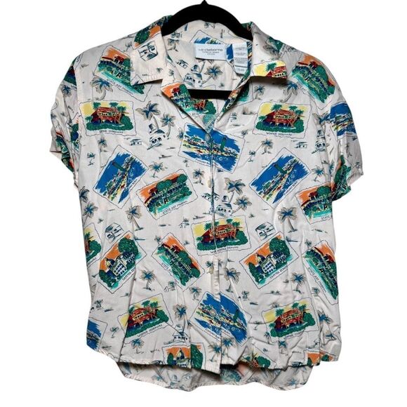 Vintage 90s Liz Claiborne Liz wear Jeans White Button Down Tropical Shirt Medium - Picture 1 of 4